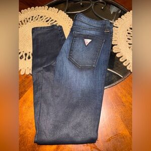 Guess? Coated Dark Wash Skinny Jeans with Back Pocket Triangle Logo